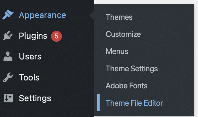 how to navigate to the theme file editor in WordPress